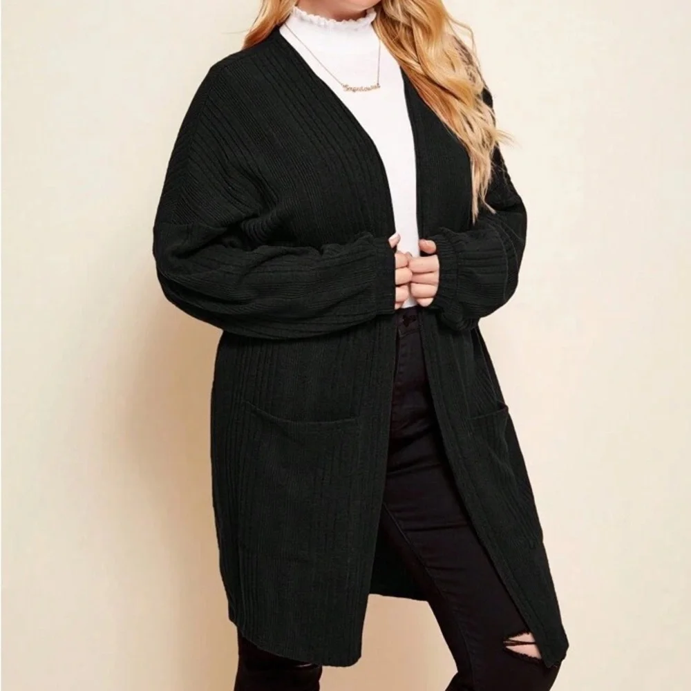 LUNE Black Oversized Ribbed Longline Cardigan Plus 2X Open Front Cozy